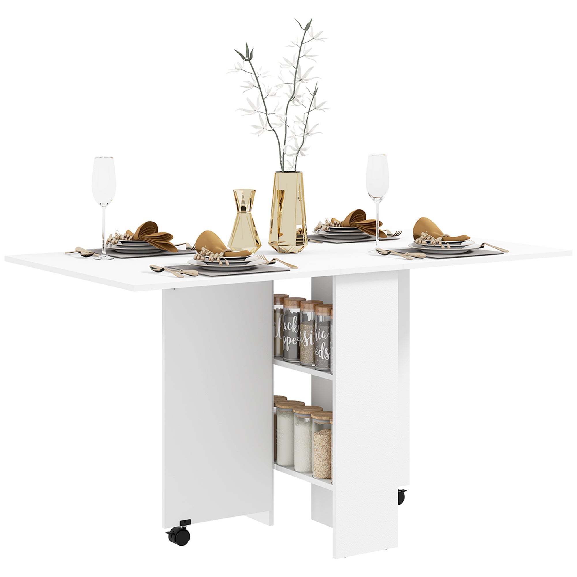HOMCOM Folding Dining Table, Drop Leaf Table with 2-Tier Shelves, Rolling Casters, for Small Spaces, Kitchen, White 