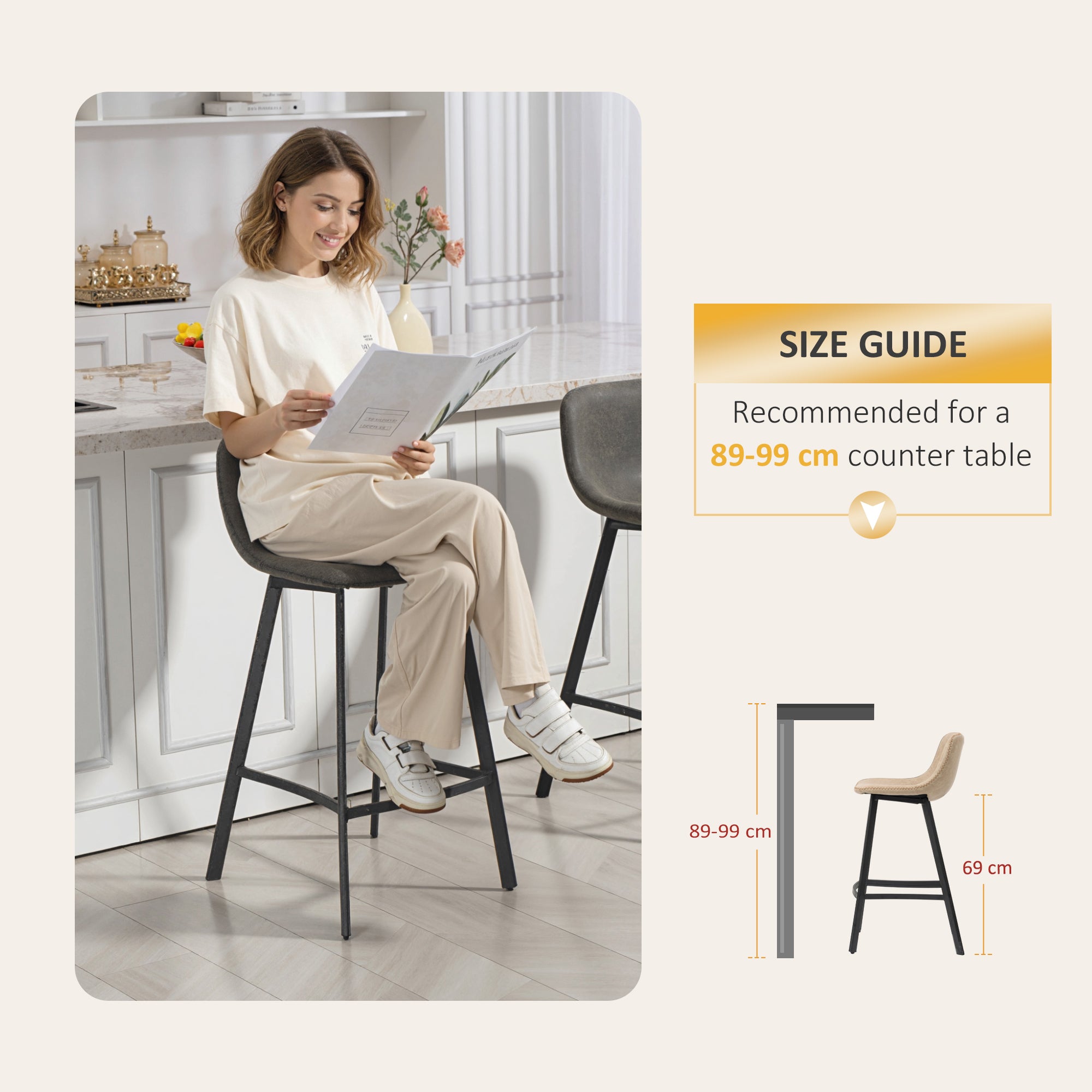 HOMCOM Bar Stools Set of 2, PU Leather Dining Stools with Backrest, Footrest, for Kitchen, Counter, Breakfast Bar, Grey 