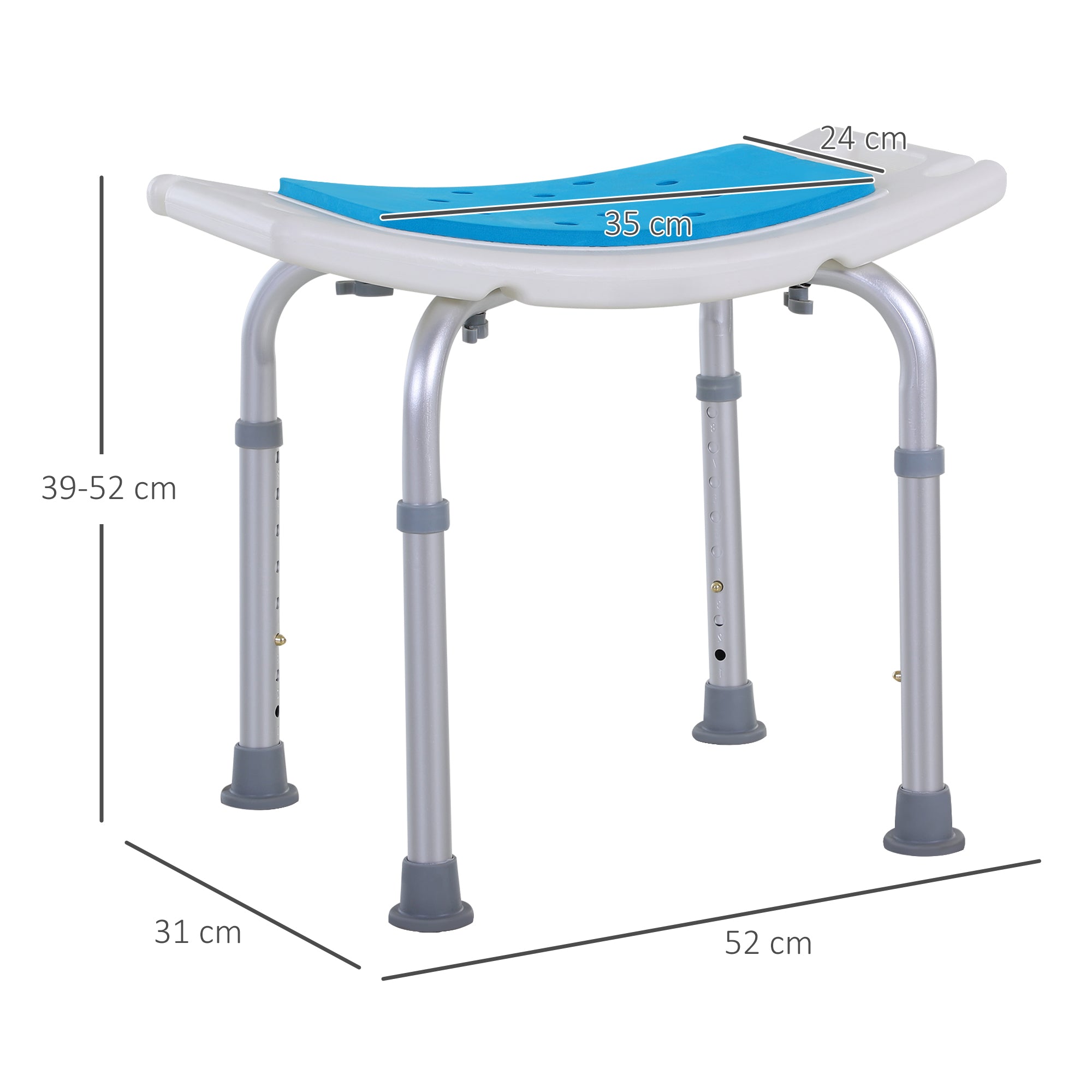 HOMCOM 6-Level Height Adjustable Aluminium Bath Room Stool Chair Shower Non-Slip Design w/ Padded Seat Drainage Holes Foot Pad, Blue 