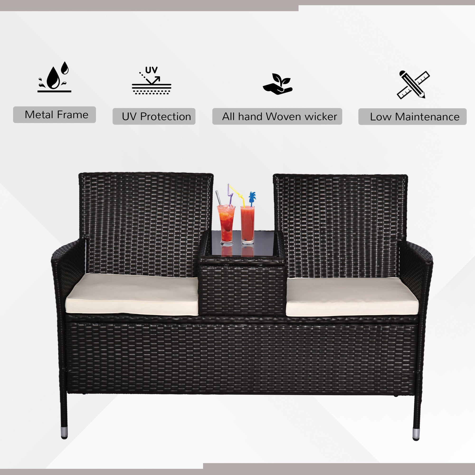 Outsunny 2 Seater Rattan Campanion Chair Wicker Loveseat Outdoor Patio Armchair with Drink Table Garden Furniture - Dark Brown 