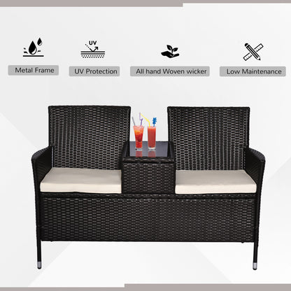 Outsunny 2 Seater Rattan Campanion Chair Wicker Loveseat Outdoor Patio Armchair with Drink Table Garden Furniture - Dark Brown 