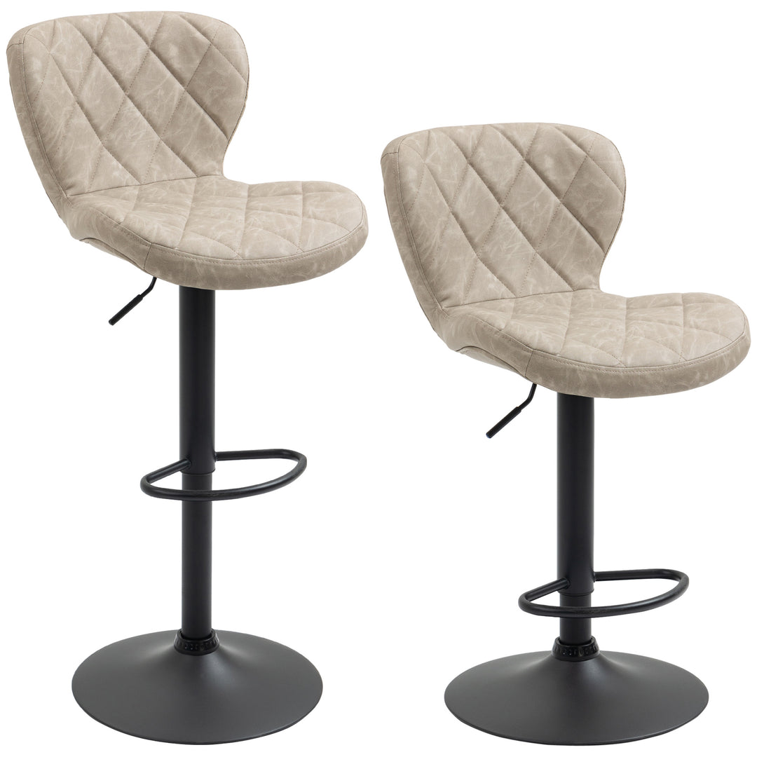 HOMCOM Bar Stools, Set of 2 Breakfast Bar Chairs, Swivel Barstools with Backrest and Footrest, Steel Frame Diamond Pattern PU, for Kitchen Counter, Dining Room, Light Khaki 