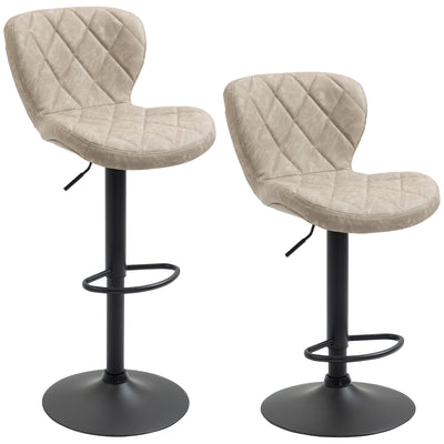 HOMCOM Bar Stools, Set of 2 Breakfast Bar Chairs, Swivel Barstools with Backrest and Footrest, Steel Frame Diamond Pattern PU, for Kitchen Counter, Dining Room, Light Khaki 