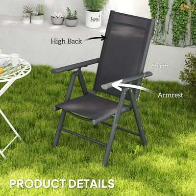 Outsunny Set of 2 Folding Chair, Aluminium Frame Outdoor Camping Chairs with Breathable Mesh Back and Seat, Garden Chair Set with Armrests for Balcony, Dark Grey 