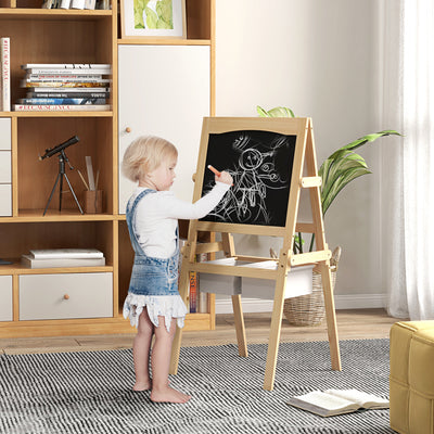 AIYAPLAY Kids Easel with Paper Roll, 3 in 1 Art Easel for Toddlers, Double-Sided Kids Whiteboard Blackboard with Storage Baskets for Ages 3-6 Years - Natural Wood Finish 