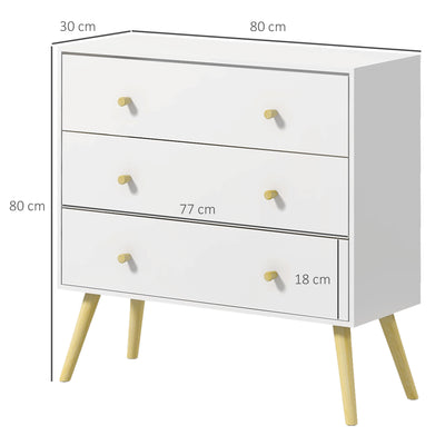 HOMCOM Chest of Drawers, 3-Drawer Storage Organiser Unit with Wood Legs for Bedroom, Living Room, White 