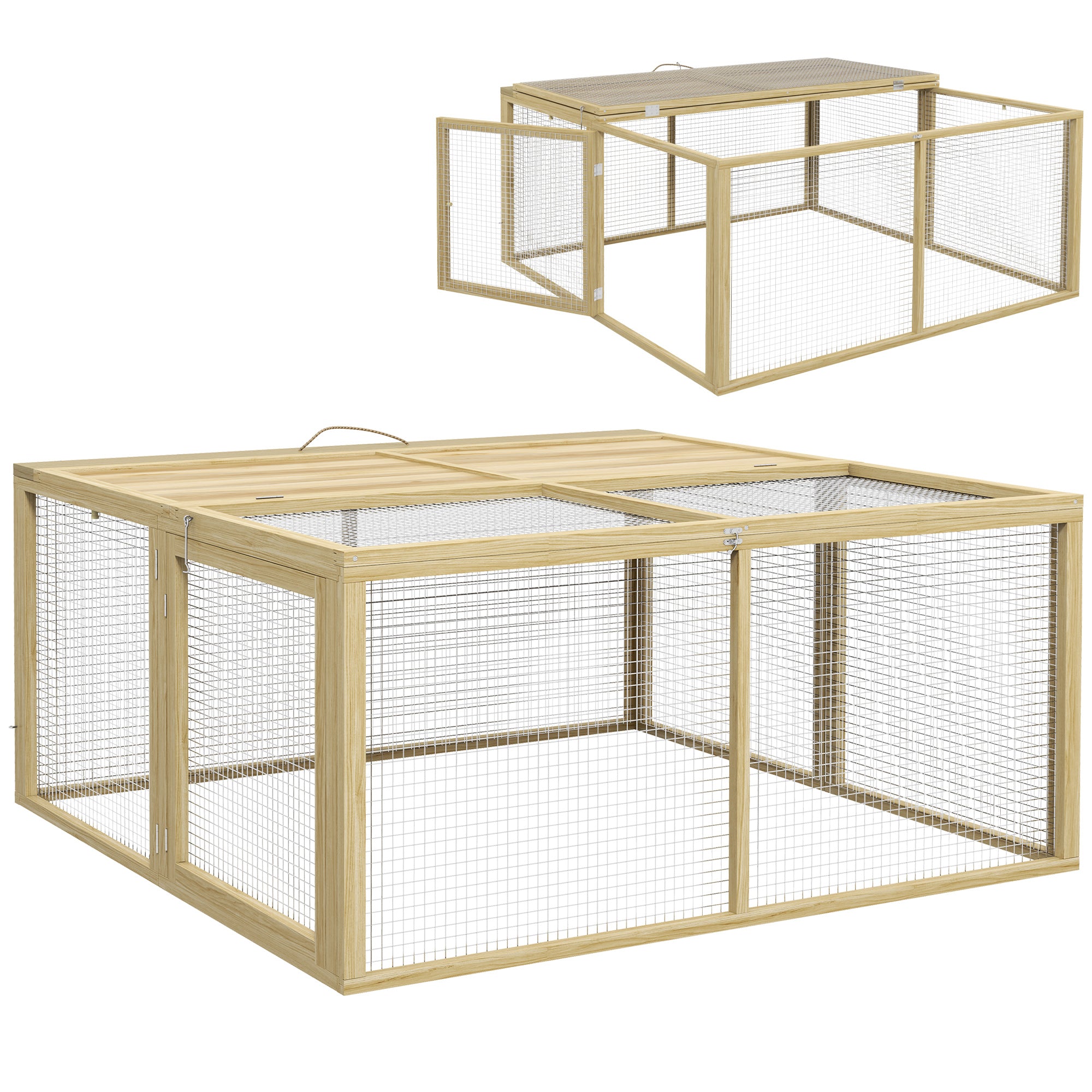 PawHut Wooden Folding Rabbit Hutch, for 2-3 Rabbits - Natural Wood 