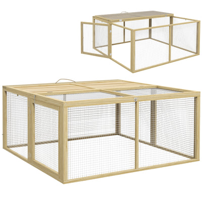 PawHut Wooden Folding Rabbit Hutch, for 2-3 Rabbits - Natural Wood 
