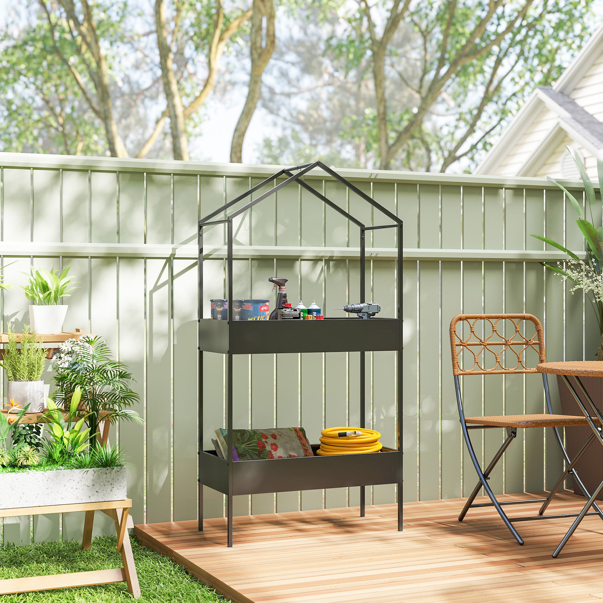 Outsunny 2 Tier Plant Stand, Outdoor Indoor Metal Plant Stand with Hook, House-Shaped Pots Holder Display Rack, Black 