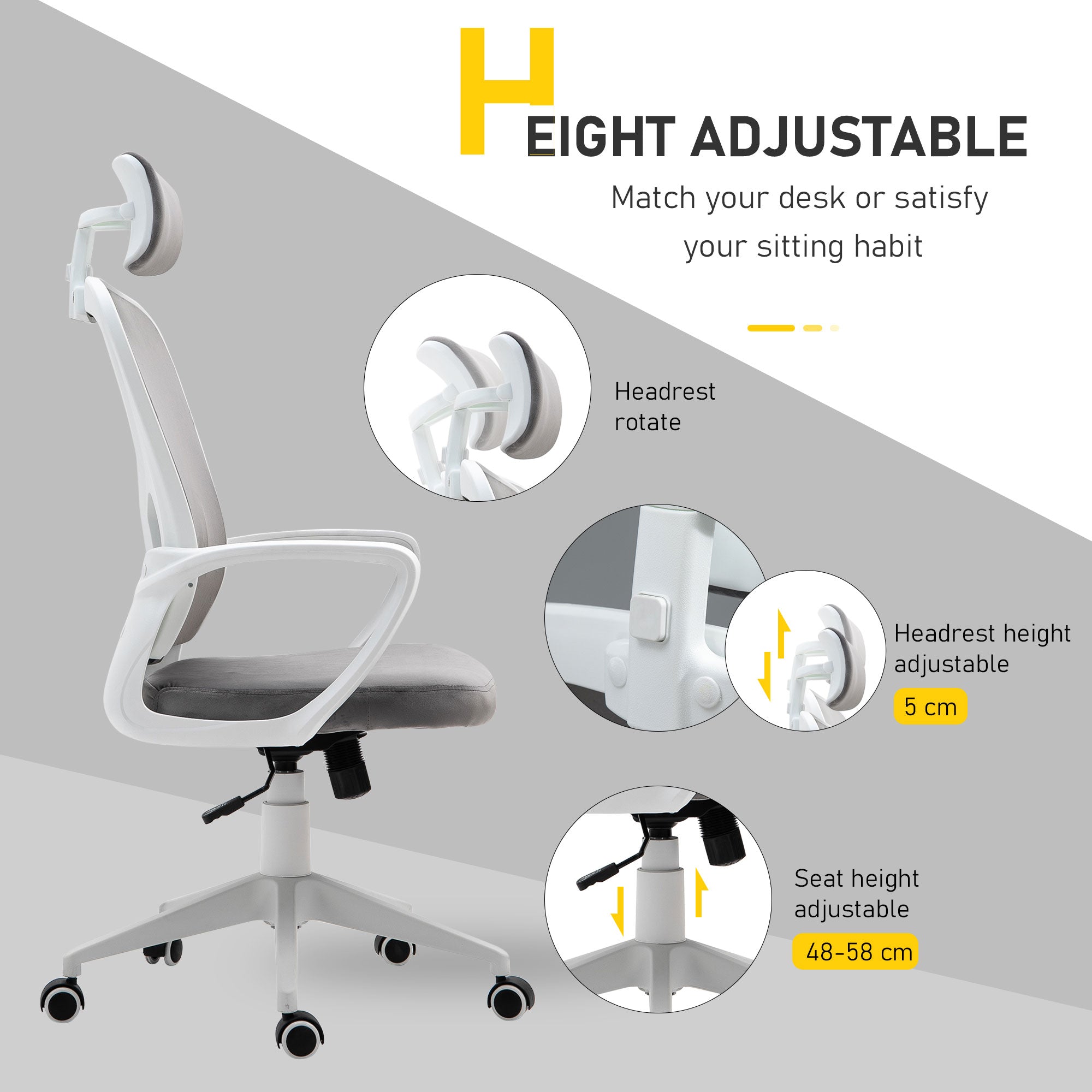Vinsetto Office Chair, Ergonomic Desk Chair, High Back Velvet Fabric Computer Chair with Adjustable & Liftable Headrest for Home, Grey 