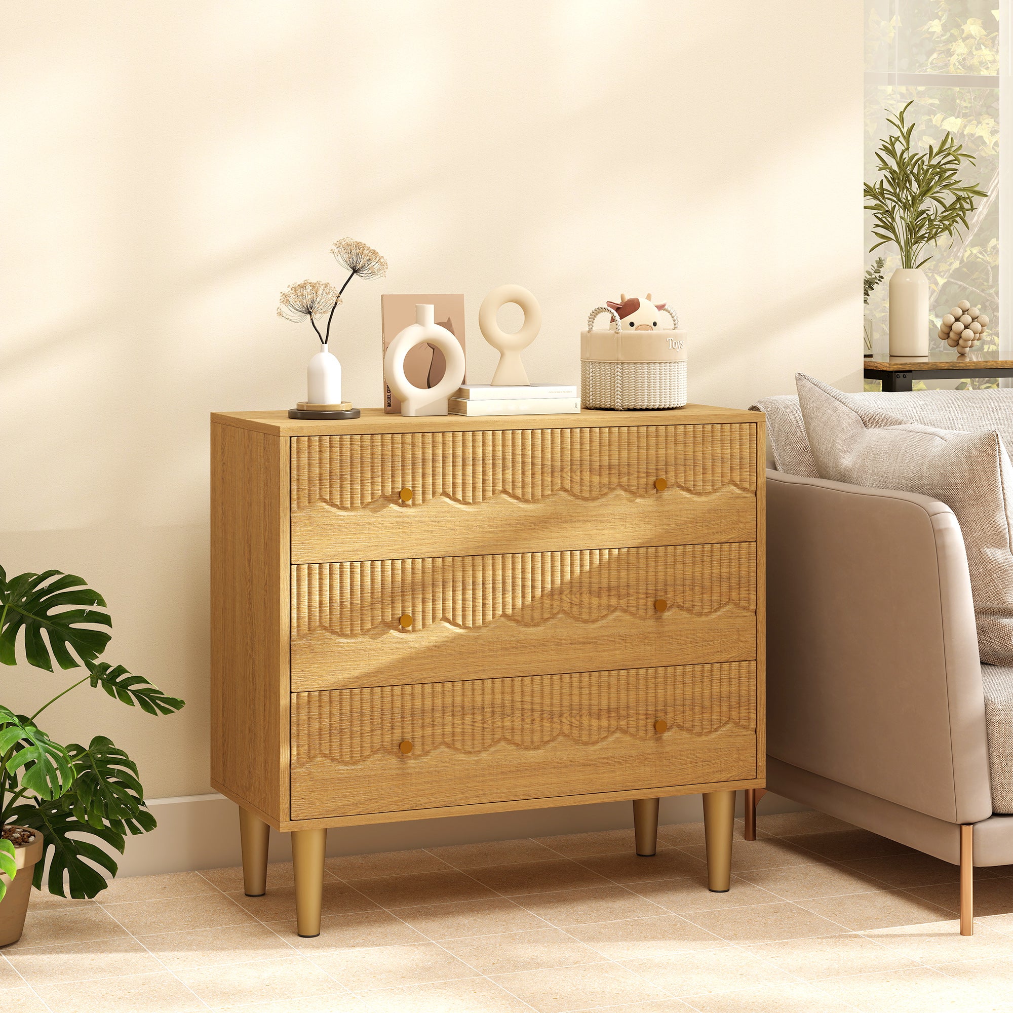 HOMCOM Dresser for Bedroom 3 Drawer Chest of Drawers with Steel Frame for Living Room in Oak 