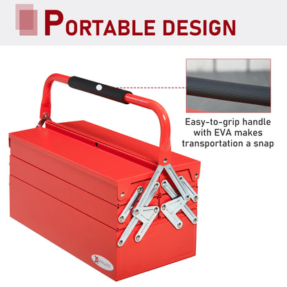 DURHAND Metal Tool Box 3 Tier 5 Tray Professional Portable Storage Cabinet Workshop Cantilever Toolbox with Carry Handle, 45cmx20cmx34.5cm, Red 