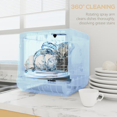 HOMCOM Table Top Dishwasher, Mini Countertop Dishwasher with Built-in 6L Water Tank, 6 Programs, Touch Control, LED Display, 4 Place Settings, Dual Water Supply and Fruit Wash Mode, Silver Tone 