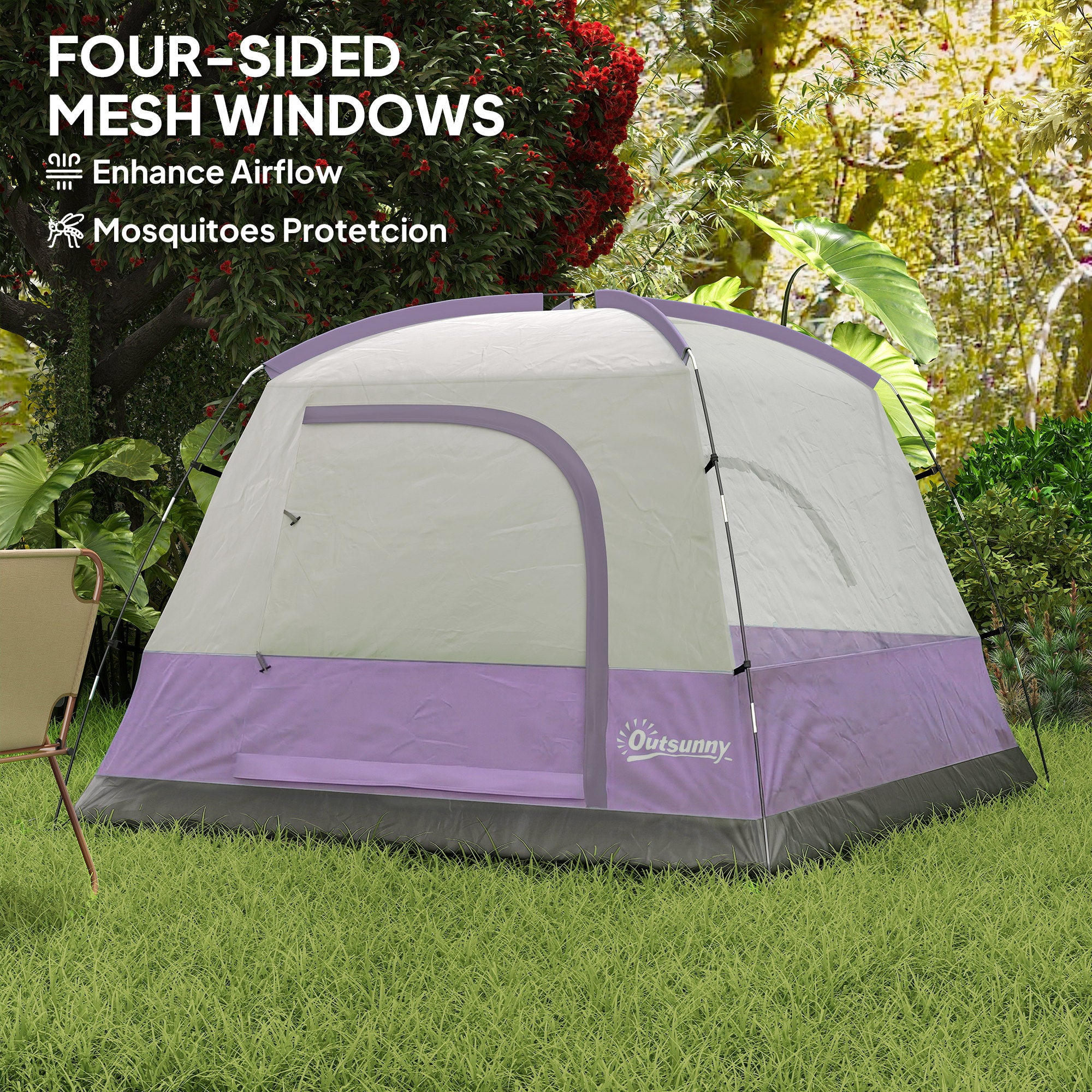 Outsunny 3-4 Person Camping Tent, Easy Set Up 3-4 Man Tent w/ Sewn-in Groundsheet, Waterproof Dome Tent w/ Mesh Windows 