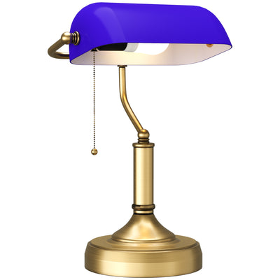 HOMCOM Banker's Desk Lamp with Antique Bronze Tone Base, Table Lamp with Blue Glass Shade for Home Office, Blue 