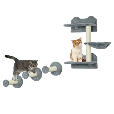 PawHut 4 Piece Cat Shelf with Scratching Post, Wall-Mounted Cat Tree for Indoor Cat - Grey 
