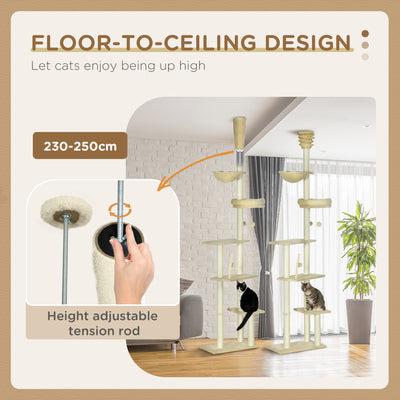 PawHut Floor to Ceiling Cat Tree for Indoor Cats, 6-Tier Play Tower Climbing Activity Center with Scratching Post, Platforms, Bed, Hammock, Adjustable Height 230-250cm, Beige 