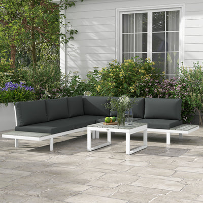 Outsunny 4 Pieces Patio Garden Set with 5-Level Recline Corner Sofa, Outdoor Garden Lounge Sectional Conversation Sofa Set with Cushions, Wood Grain Plastic Table, White  Frame Grey Cushion 