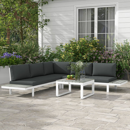 Outsunny 4 Pieces Patio Garden Set with 5-Level Recline Corner Sofa, Outdoor Garden Lounge Sectional Conversation Sofa Set with Cushions, Wood Grain Plastic Table, White  Frame Grey Cushion