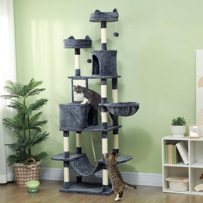 PawHut 206cm Cat Tree, Multi-Level Cat Tower with Scratching Posts and Board, Beds, Condos, Platforms, Toy Balls, Dark Grey 