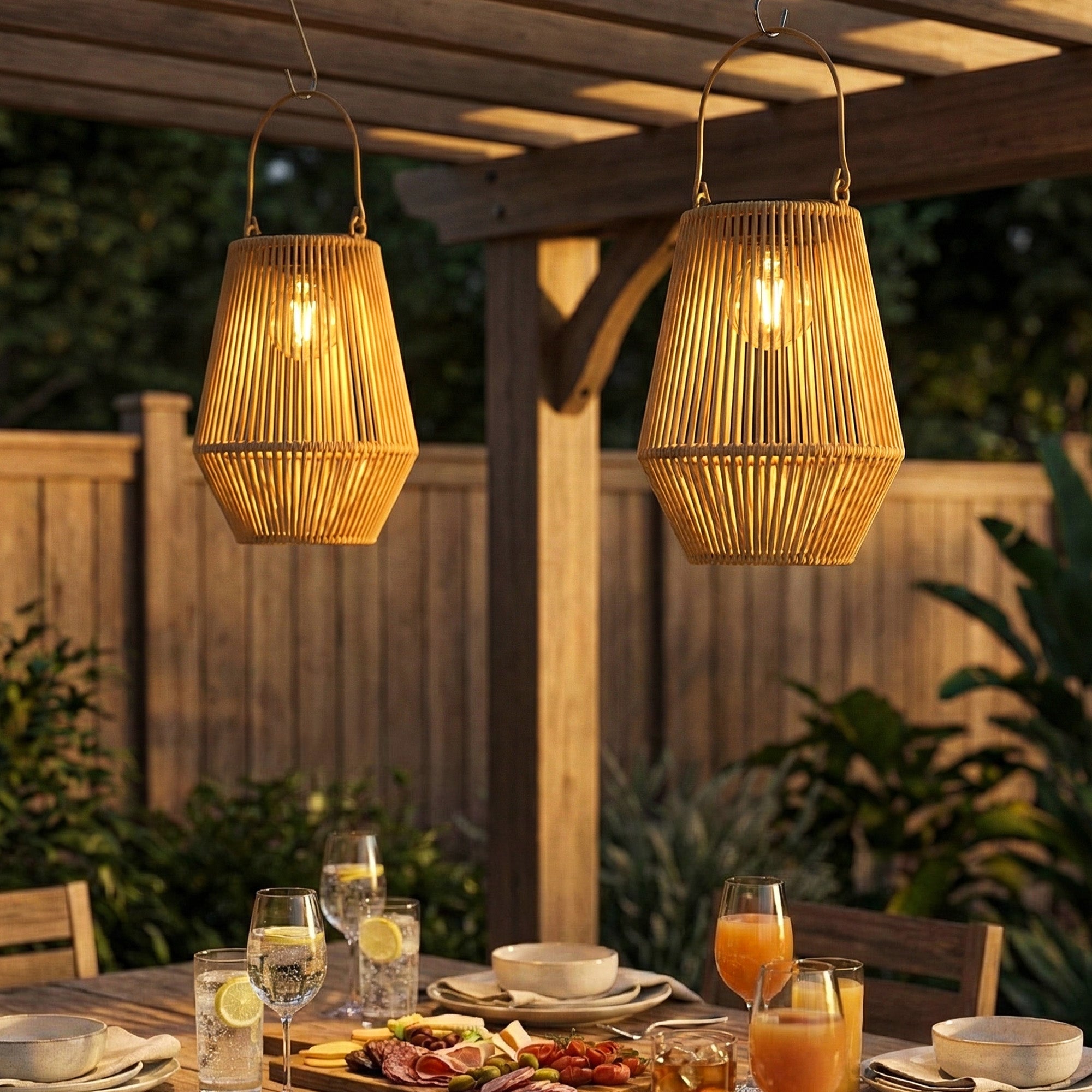 Outsunny Hanging Solar Lanterns, 2 Pack Rattan Solar Lights with Handle for Patio, Pathway, Terrace, Auto On/Off, Brown 