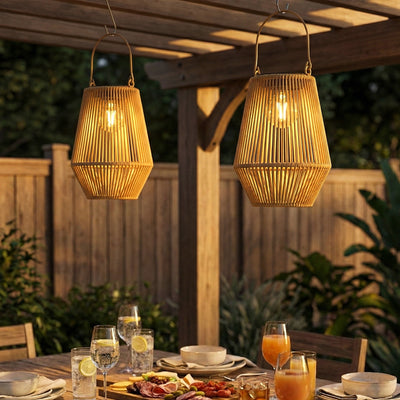 Outsunny Hanging Solar Lanterns, 2 Pack Rattan Solar Lights with Handle for Patio, Pathway, Terrace, Auto On/Off, Brown 