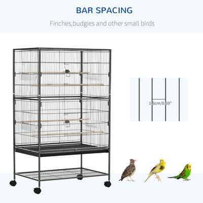PawHut Large Bird Cage Budgie Cage for Finch Canaries Parakeet with Rolling Stand, Slide-out Tray, Storage Shelf, Food Containers, Dark Grey 