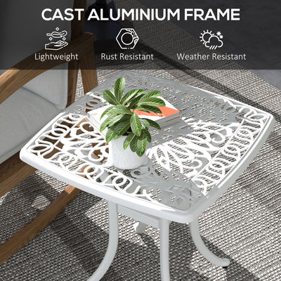 Outsunny Cast Aluminium Bistro Table, Outdoor Square Side Table with Umbrella Hole, Garden Table for Balcony, White 