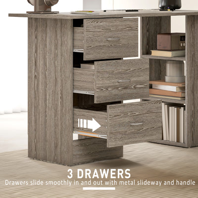 HOMCOM Computer Desk, Writing Table, PC Workstation with 3 Storage Shelves and Drawers, Silver Handle, for Home Office, Grey 