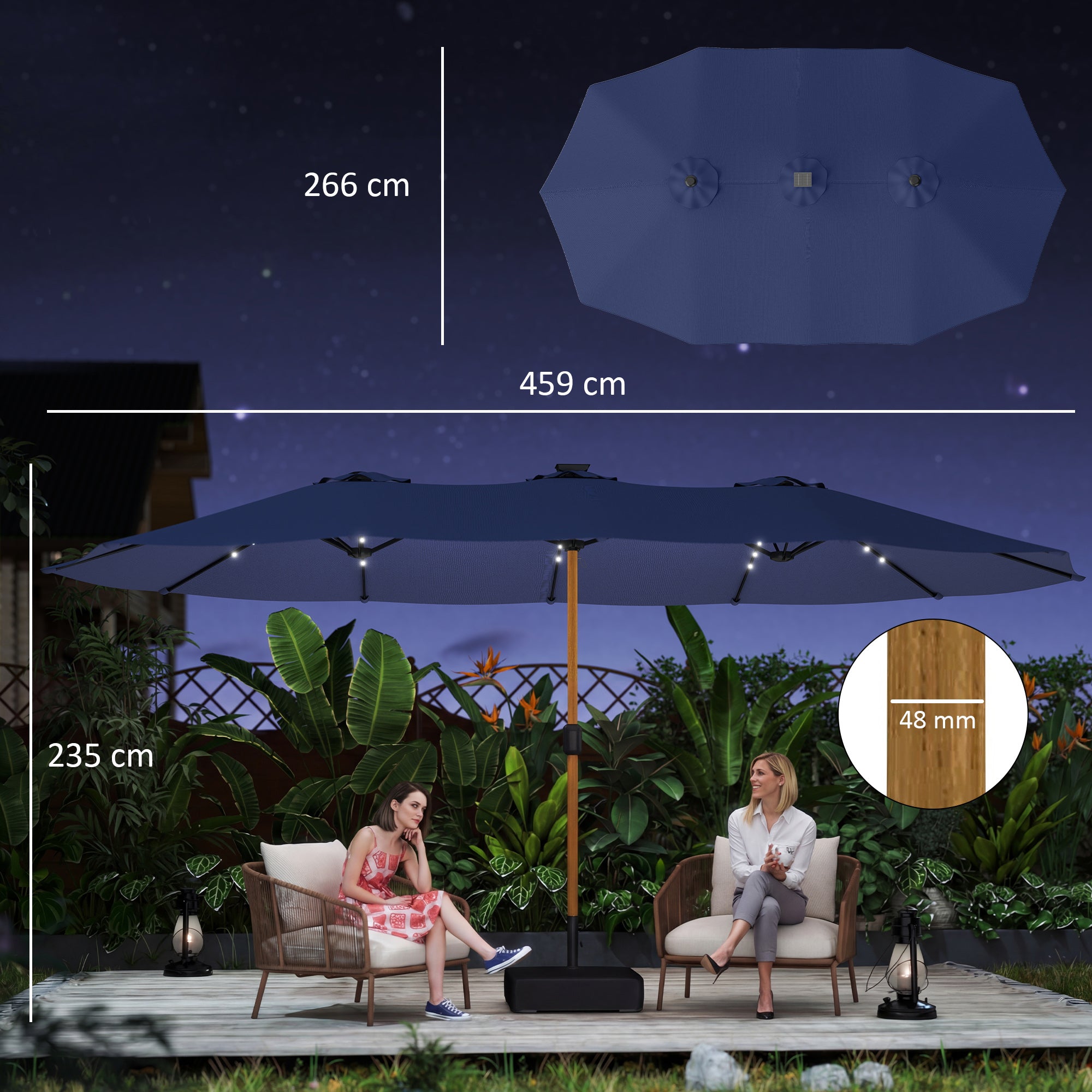 Outsunny Double Sided Garden Parasol with Base Included & 48 Solar LED Lights Patio Umbrella Crank Handle 4.6m Dark Blue 