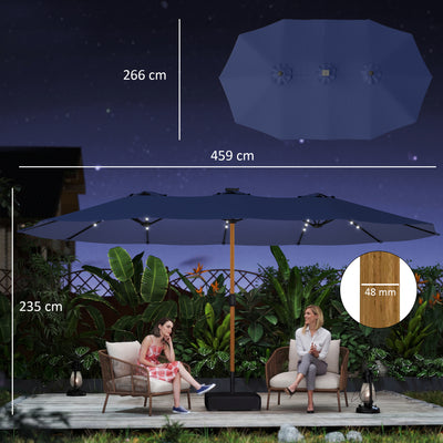 Outsunny Double Sided Garden Parasol with Base Included & 48 Solar LED Lights Patio Umbrella Crank Handle 4.6m Dark Blue 