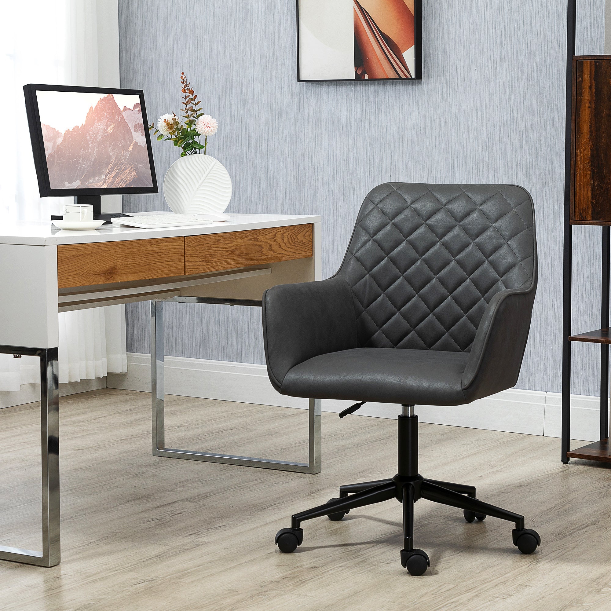 Vinsetto Office Desk Chair, Leather-Feel Fabric Computer Swivel Chair with Rolling Wheels and Adjustable Height for Home, Grey 