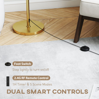 HOMCOM Floor Lamp with Remote, Height Adjustable Standing Lamp with Linen Shade, Dimmable with 3000K-6000K Adjustable Colour Temperatures, Foot Switch for Living Room Bedroom Office, Gold Tone 