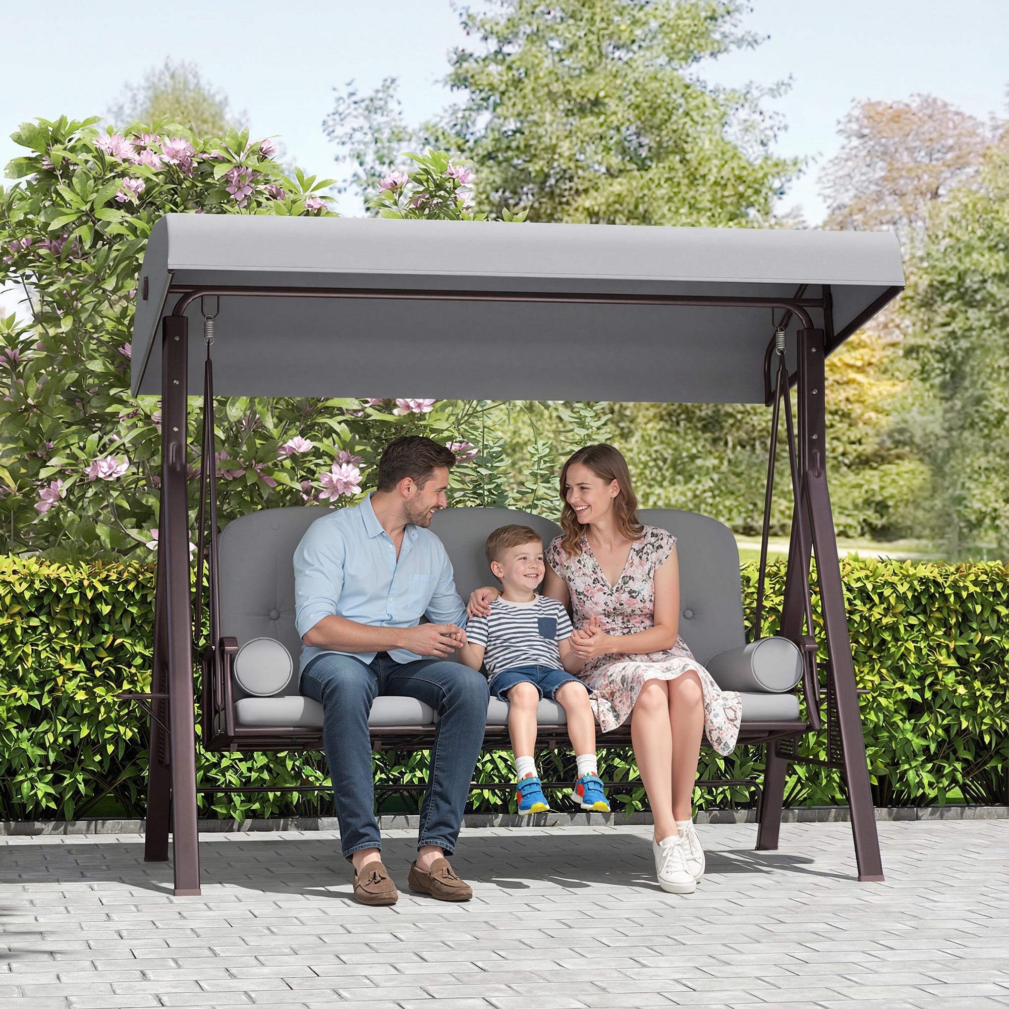 Outsunny 3 Seater Canopy Swing Chair, Outdoor Garden Swing Seat with Adjustable Canopy, Cushions and Cup Trays, Steel Frame, Light Grey 