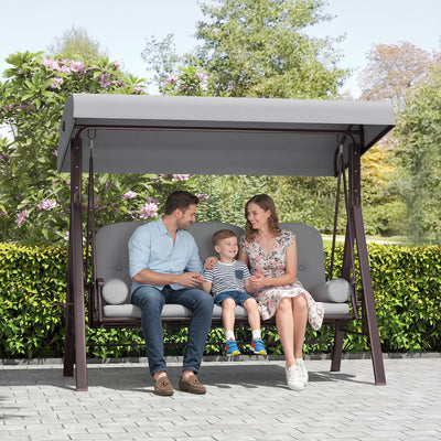 Outsunny 3 Seater Canopy Swing Chair, Outdoor Garden Swing Seat with Adjustable Canopy, Cushions and Cup Trays, Steel Frame, Light Grey 