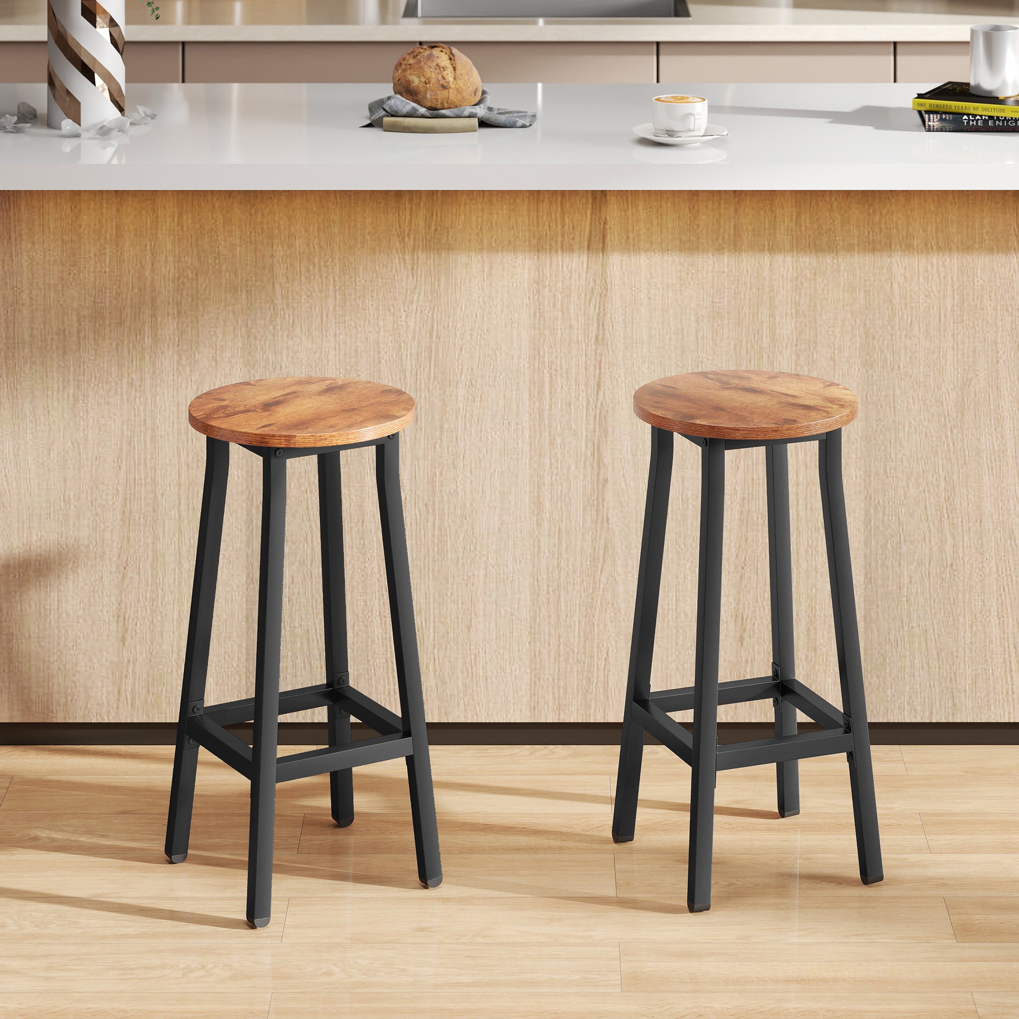 HOMCOM Bar Stools Set of 2 Breakfast Bar Stools with Footrest, Industrial Round, 32 x 32 x 65 cm, Rustic Brown 