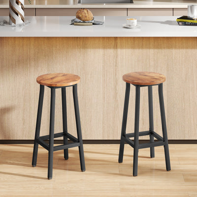 HOMCOM Bar Stools Set of 2 Breakfast Bar Stools with Footrest, Industrial Round, 32 x 32 x 65 cm, Rustic Brown 
