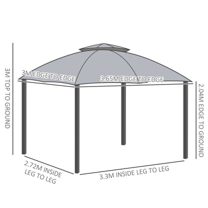 Outsunny 3.7 x 3(m) Metal Gazebo Canopy Party Tent Garden Patio Shelter with Netting Sidewalls & Double Tiered Roof, Grey 