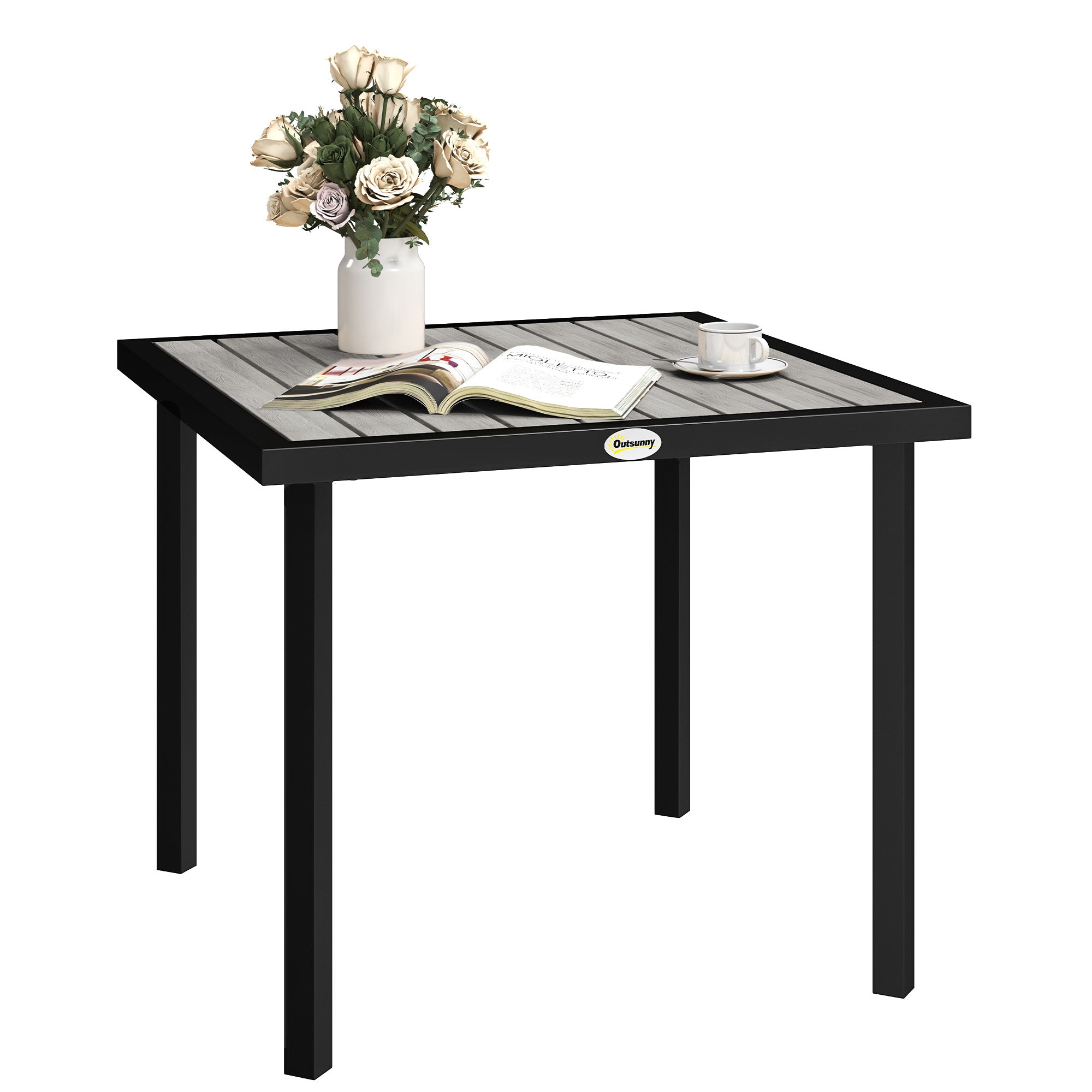 Outsunny Square Garden Dining Table with 5.4cm Parasol Hole, Slatted Top, Metal Frame, 86 x 86 x 71 cm, Light Grey 