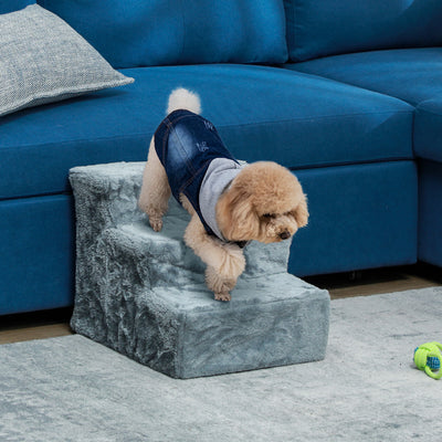 PawHut Three-Step Dog Stairs, with Washable Plush Cover, for High Bed Sofa, Dog Stairs for Small Dog and Cat - Light Grey 