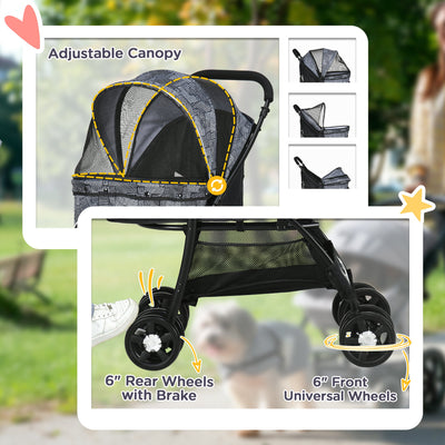 PawHut Foldable Pet Stroller for Dogs, Puppy Stroller, with Large Carriage, Brakes, Canopy - Grey 