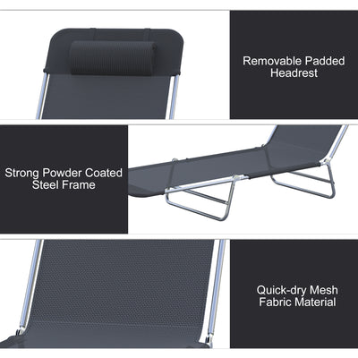 Outsunny Outdoor Foldable Sun Lounger, Adjustable Backrest Garden Recliner Sun Lounger Chair with Headrest Pillow, Black 