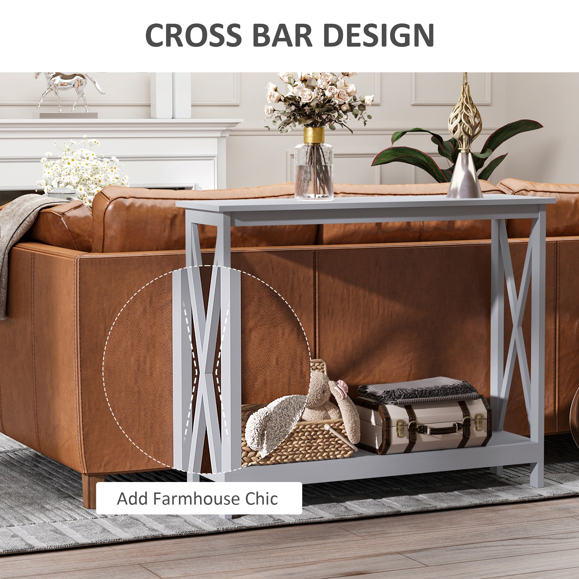 HOMCOM Console Table Hallway Desk w/Storage Shelf, X Design for Living Room Entryway, Grey 