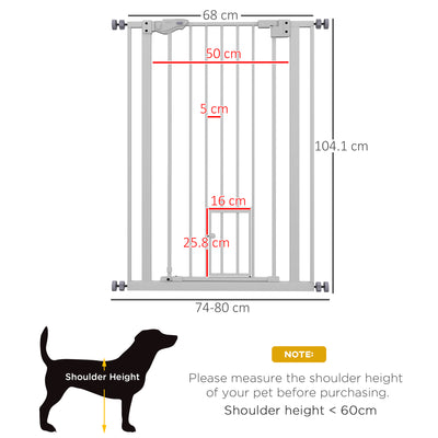 PawHut Extra Tall Pet Gate, Indoor Dog Safety Gate, with Cat Flap, Auto Close, 74-80cm Wide - White 