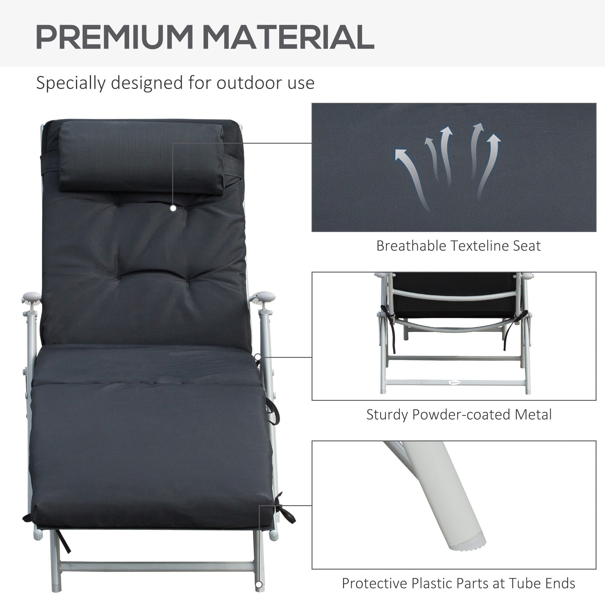 Outsunny Steel Frame Outdoor Garden Padded Sun Lounger w/ Pillow Black 