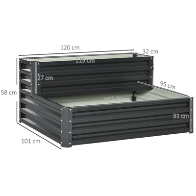 Outsunny 2 Tier Raised Garden Bed, Galvanised Planter Box with Open Bottom for Vegetables Flowers Herbs, 120x101x58cm, Dark Grey 