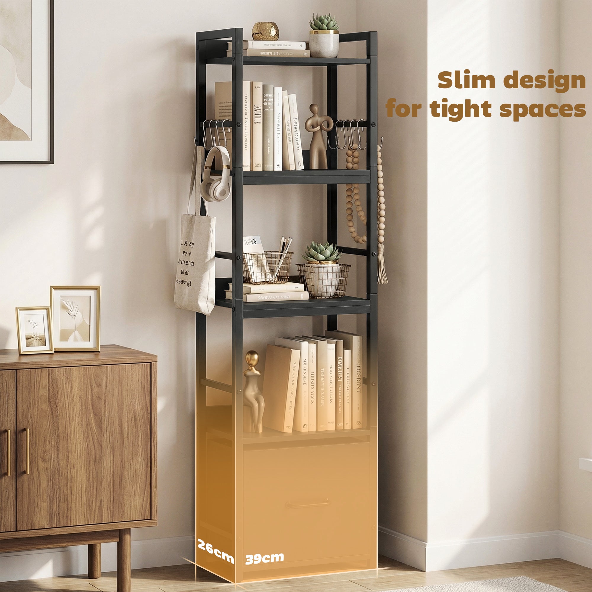 HOMCOM 4-Tier Bookshelf, Narrow Bookcase with Drawer, 8 Hooks, Metal Frame, Black 