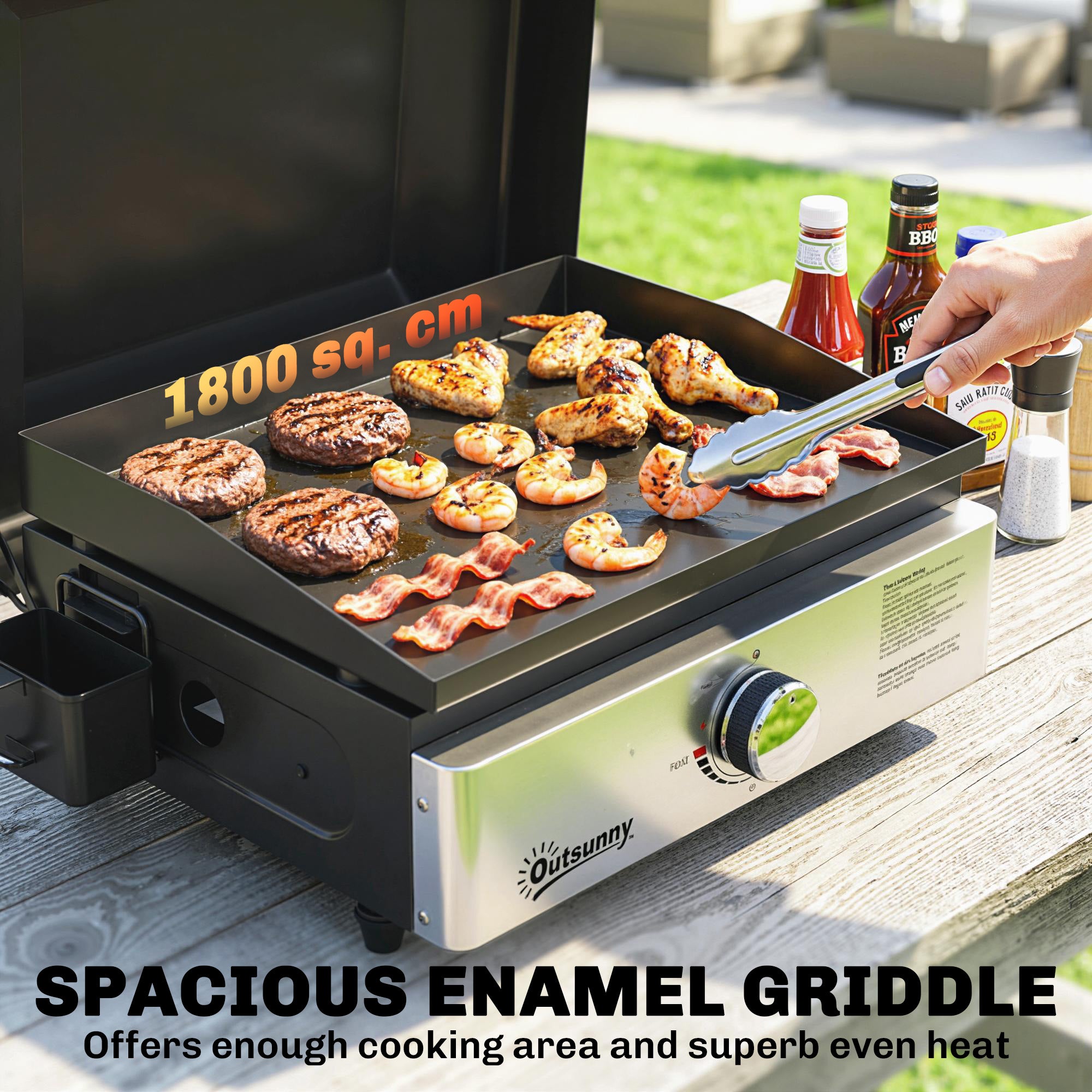 Outsunny Grill Griddle, Portable Gas Plancha, 3.5 kW, Tabletop Gas BBQ with Grease Cup for Camping Picnic Patios, Black 