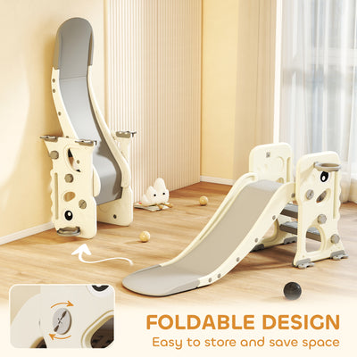 AIYAPLAY 3 in 1 Kids Slide with Climber, Basketball Hoop and Ball, Foldable Indoor Toddler Slide for Ages 2-5, Cream White 