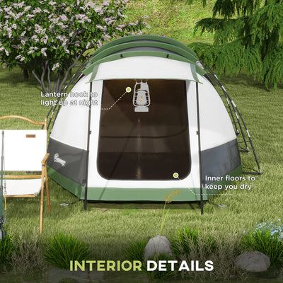 Outsunny Three-Man Camping Tent, with Two Rooms and Porch - Green 